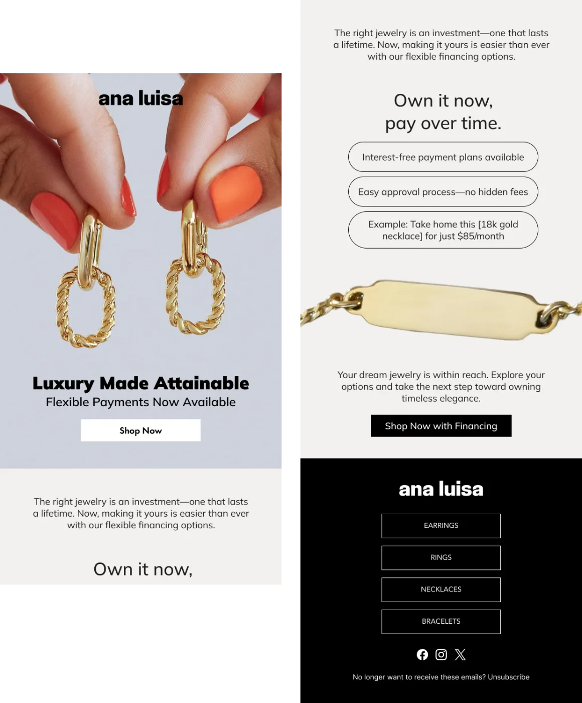 Financing options email for jewellery brands